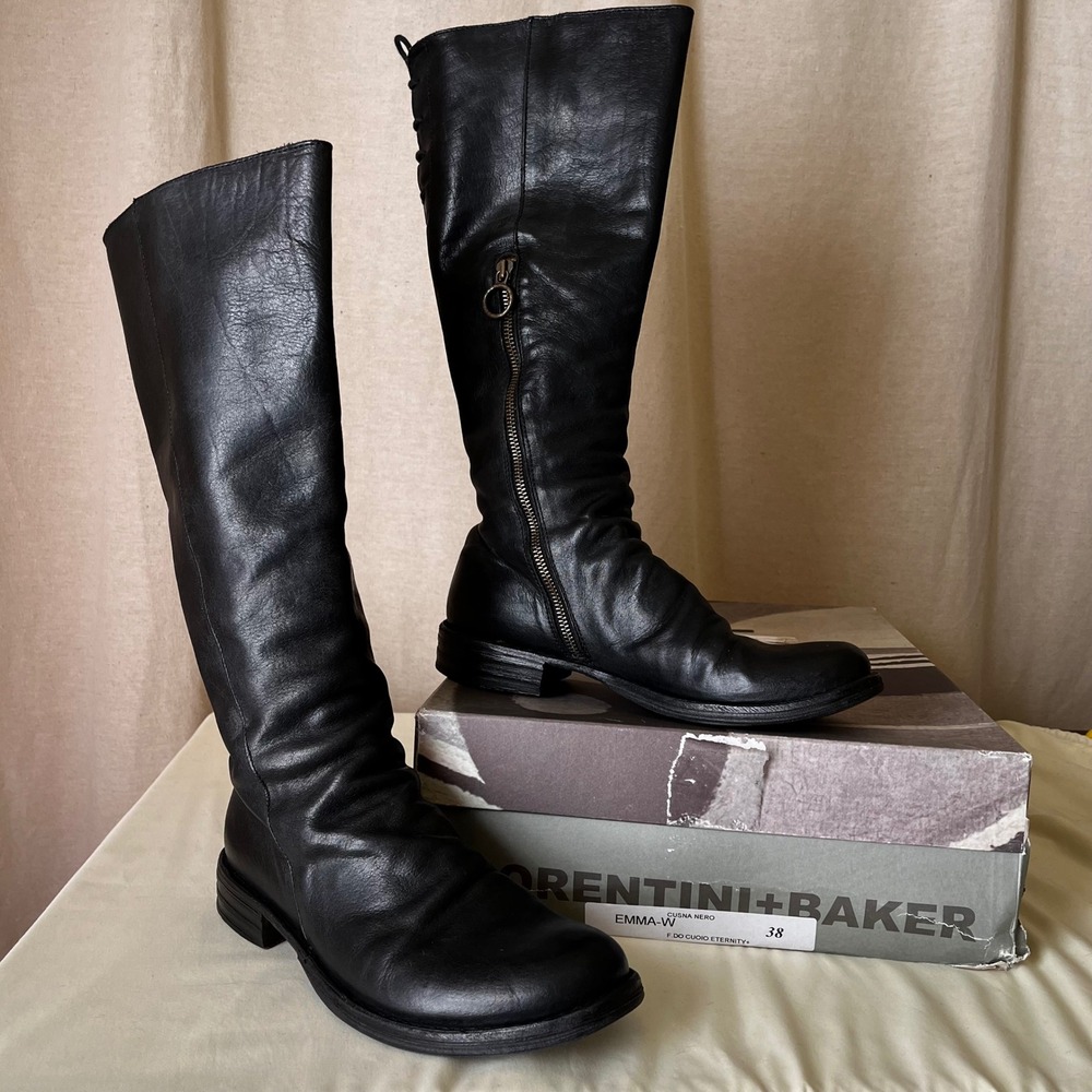 Fiorentini + Baker Emma Tall Leather Boots Black Italy Size 38 Lace Back